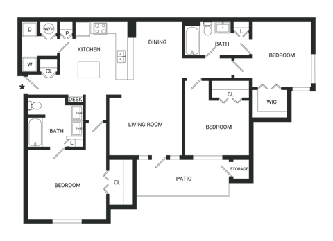 Floor plan for 3 beds, 2 baths, 1399 sqft